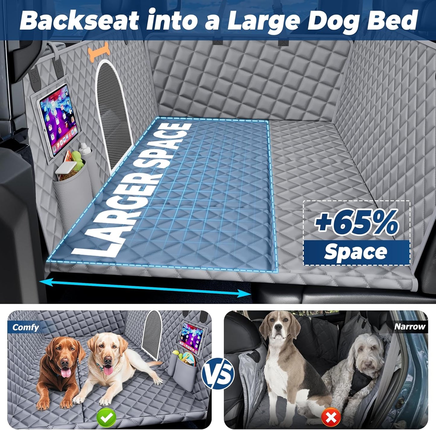 Dluxe Ave. XXL Dog Car Seat Cover for Back Seat Hard Bottom Truck Pet Back Seat Extender for Dogs 100% Waterproof&Scratchproof Backseat Protector Nonslip Dog Bed for Car Dog Hammock for Crew Cab F150 (Grey)