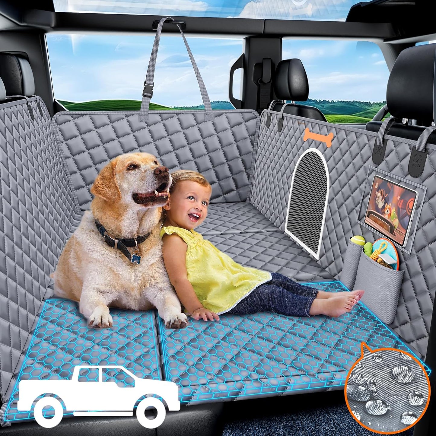 Dluxe Ave. XXL Dog Car Seat Cover for Back Seat Hard Bottom Truck Pet Back Seat Extender for Dogs 100% Waterproof&Scratchproof Backseat Protector Nonslip Dog Bed for Car Dog Hammock for Crew Cab F150 (Grey)