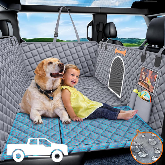 Dluxe Ave. XXL Dog Car Seat Cover for Back Seat Hard Bottom Truck Pet Back Seat Extender for Dogs 100% Waterproof&Scratchproof Backseat Protector Nonslip Dog Bed for Car Dog Hammock for Crew Cab F150 (Grey)