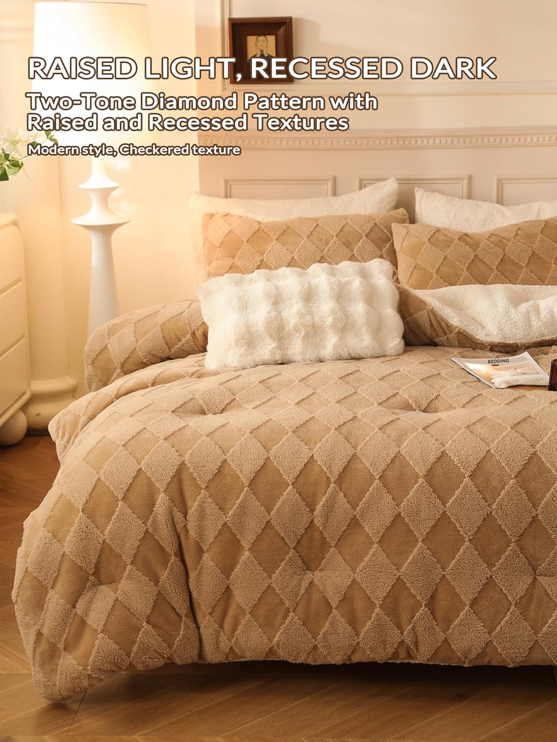 Dluxe Ave. ( QUEEN ) 3 Pcs Tufted Fleece Comforter Set/ Super Soft Warm Fluffy Shaggy Bedding Set/ Diamond Plaid Sherpa Comforter/ Beige)