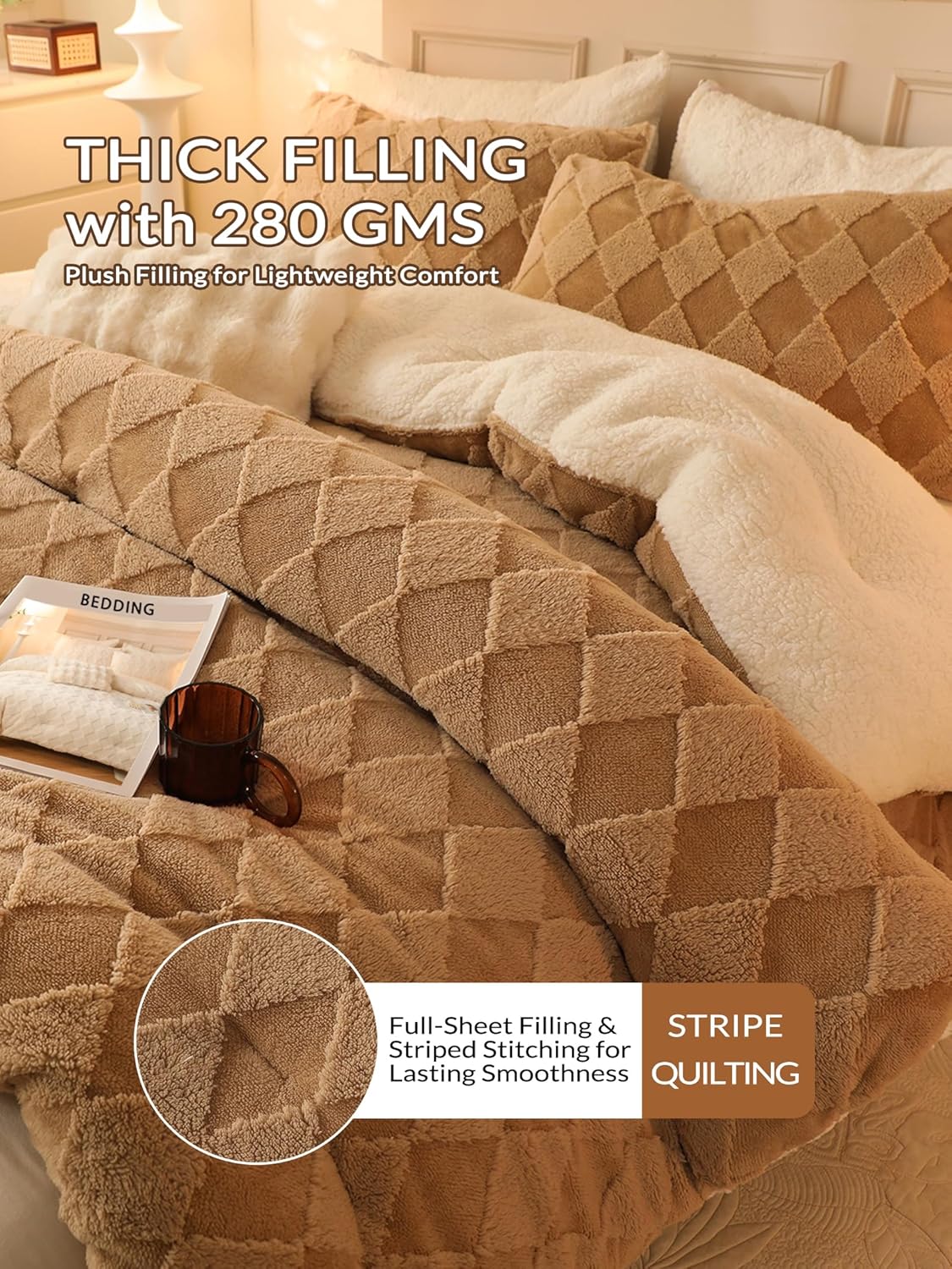 Dluxe Ave. ( QUEEN ) 3 Pcs Tufted Fleece Comforter Set/ Super Soft Warm Fluffy Shaggy Bedding Set/ Diamond Plaid Sherpa Comforter/ Beige)