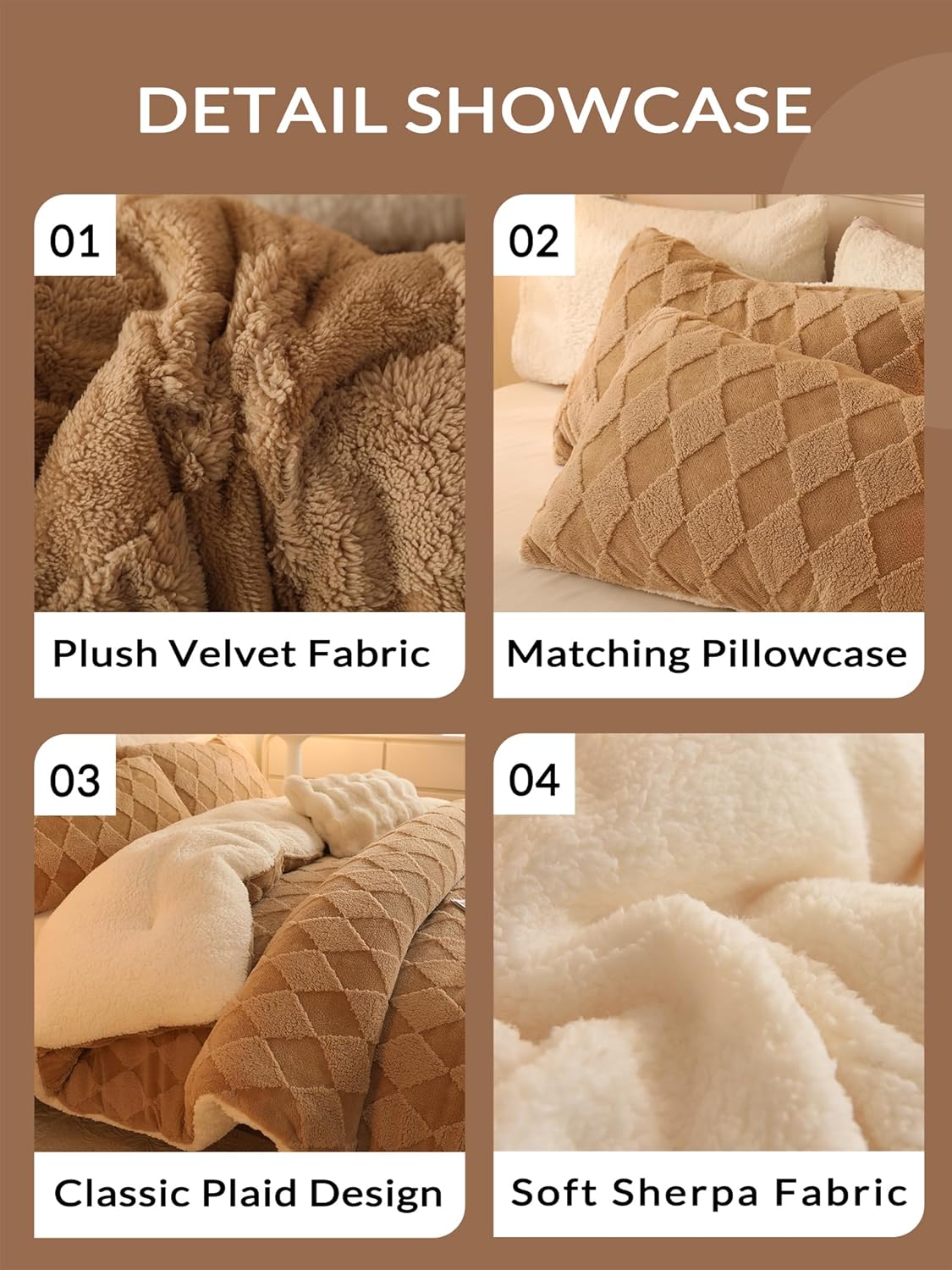 Dluxe Ave. ( QUEEN ) 3 Pcs Tufted Fleece Comforter Set/ Super Soft Warm Fluffy Shaggy Bedding Set/ Diamond Plaid Sherpa Comforter/ Beige)
