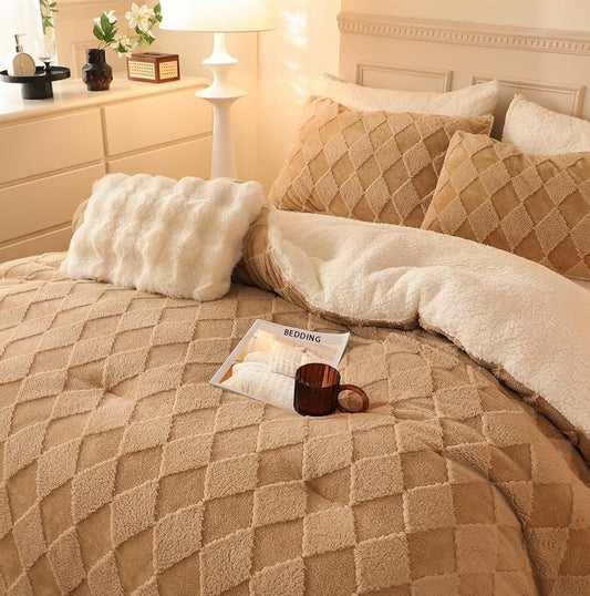 Dluxe Ave. ( QUEEN ) 3 Pcs Tufted Fleece Comforter Set, Super Soft Warm Fluffy Shaggy Bedding Set, Diamond Plaid Sherpa Comforter/ Beige)