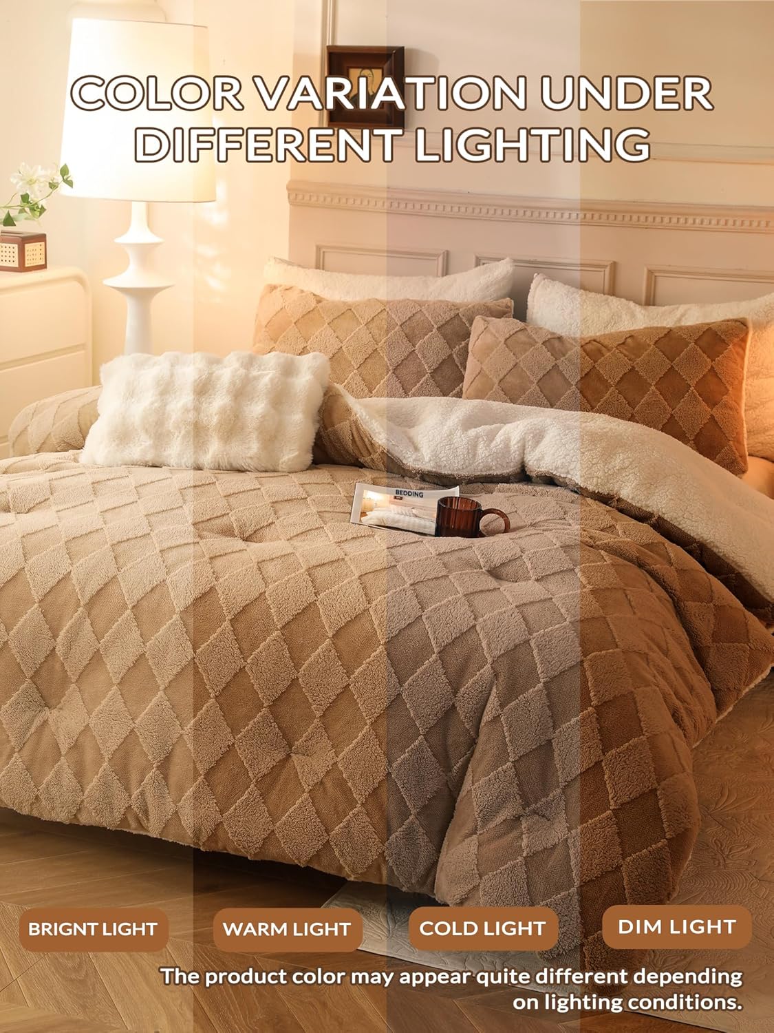 Dluxe Ave. ( QUEEN ) 3 Pcs Tufted Fleece Comforter Set/ Super Soft Warm Fluffy Shaggy Bedding Set/ Diamond Plaid Sherpa Comforter/ Beige)