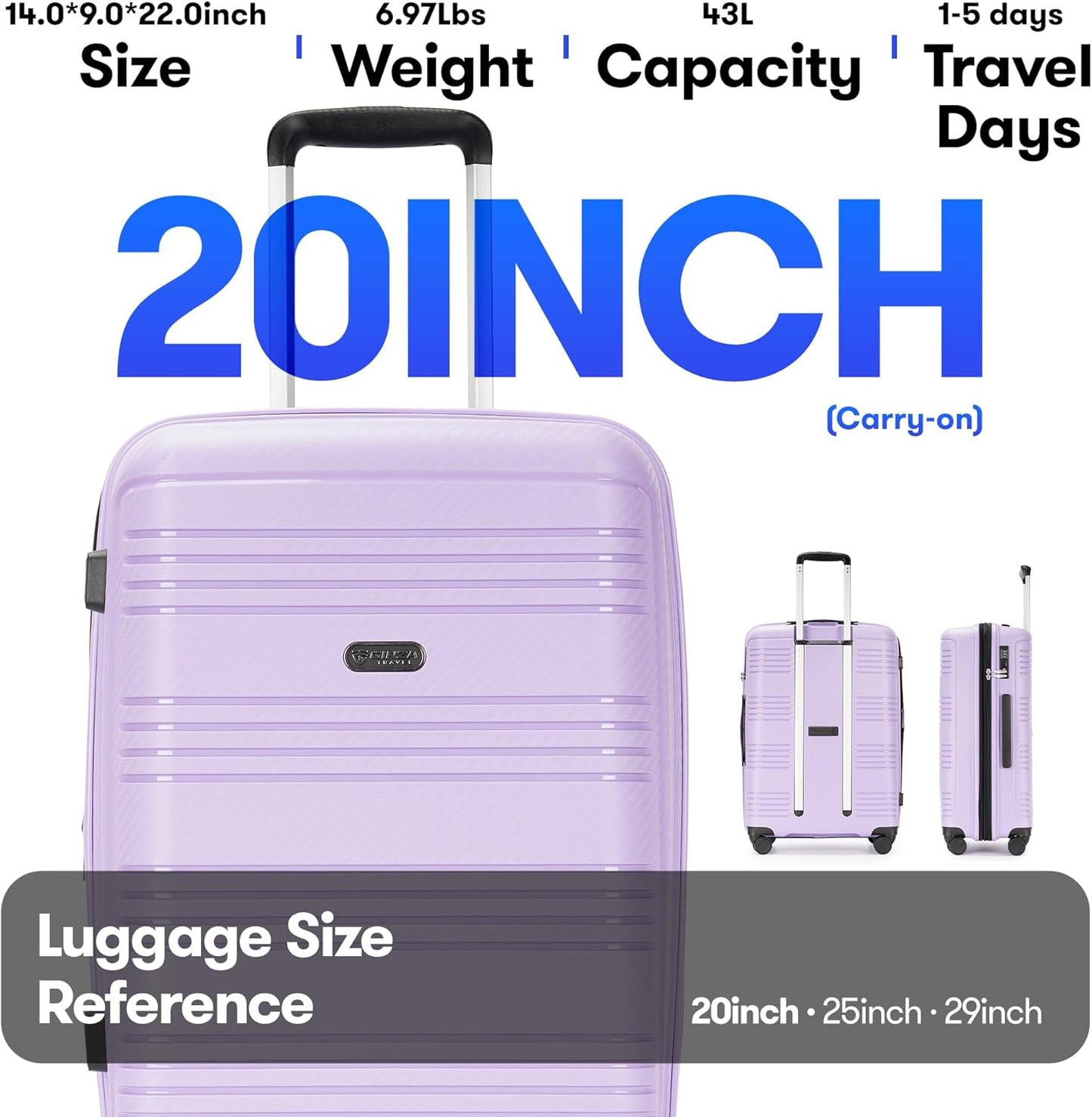 Dluxe Ave. Luggage with Spinner Wheels/ PP Expandable Hard Shell/ Carry-On 20-Inch/  Purple