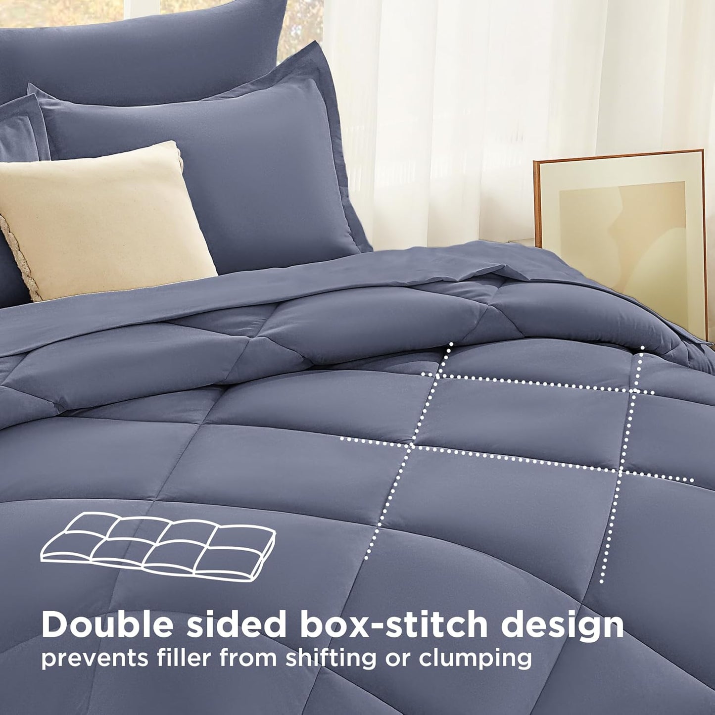 Dluxe Ave. ( KING ) 7 Pcs Comforter Set with Sheets/ Bed in a Bag Bedding, Lightweight Reversible/ Dark Blue Grey