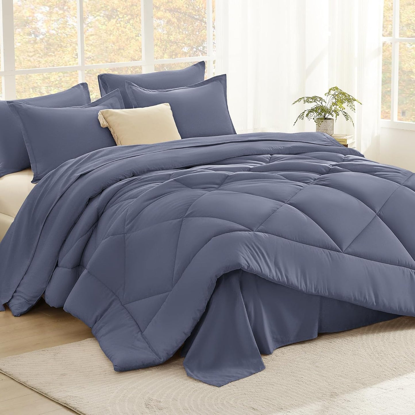 Dluxe Ave. ( KING ) 7 Pcs Comforter Set with Sheets/ Bed in a Bag Bedding, Lightweight Reversible/ Dark Blue Grey