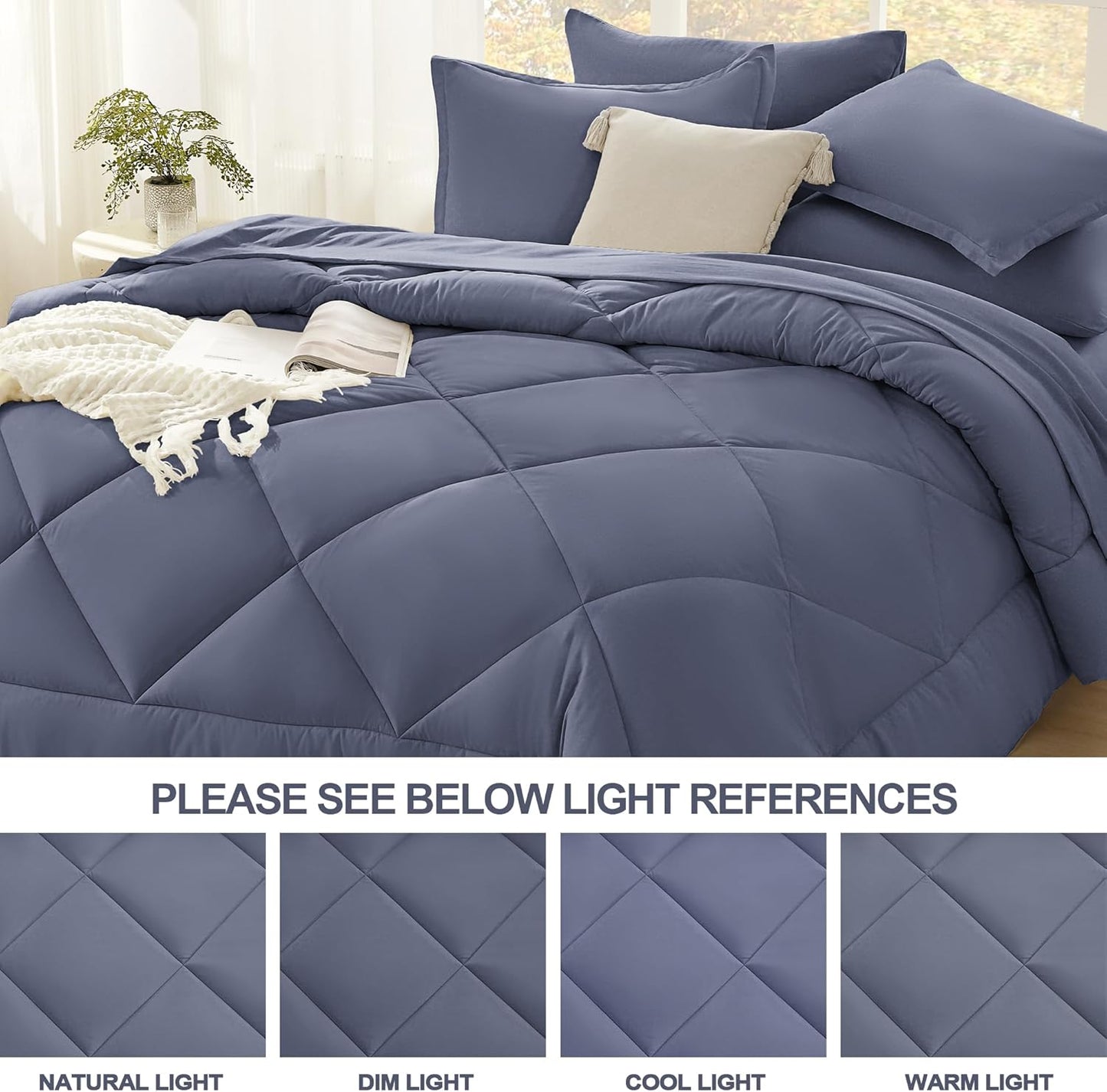 Dluxe Ave. ( KING ) 7 Pcs Comforter Set with Sheets/ Bed in a Bag Bedding, Lightweight Reversible/ Dark Blue Grey