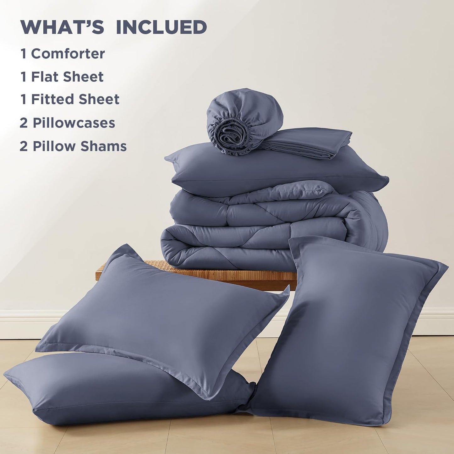 Dluxe Ave. ( KING ) 7 Pcs Comforter Set with Sheets/ Bed in a Bag Bedding, Lightweight Reversible/ Dark Blue Grey
