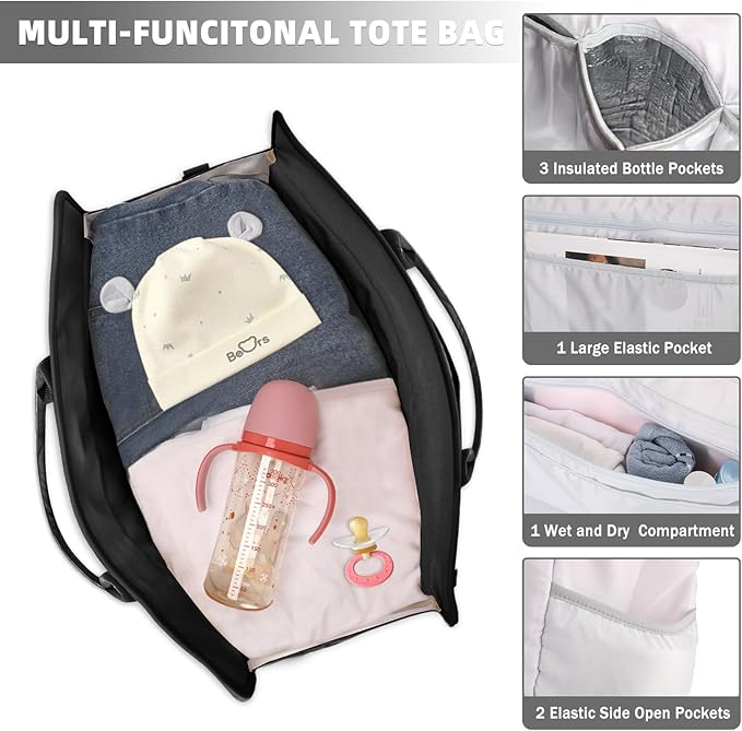 Dluxe Ave. BOLOSTA Diaper Bag Tote for Women Diaper Bag Tote with Changing Pad Large Capacity Mommy Bag for Hospital and Weekender Multi-functional Travel Maternity Bag for New Mommy Essential Black