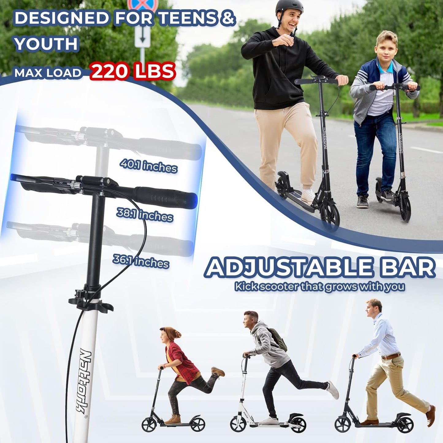 Dluxe Ave. Nattork Scooter for Adults and Teens- Adjustable Height Folding Kick Scooter with Large Sturdy Wheels for a Smooth RideWhite