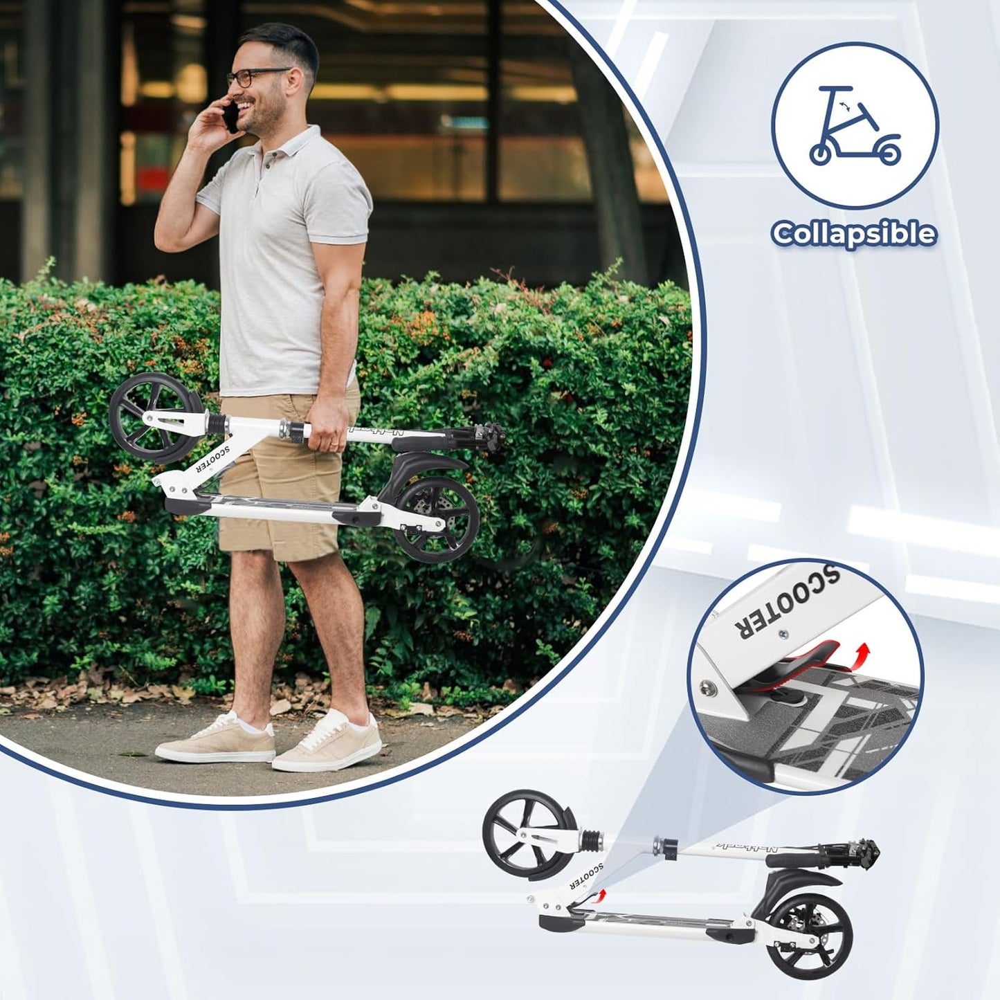 Dluxe Ave. Nattork Scooter for Adults and Teens- Adjustable Height Folding Kick Scooter with Large Sturdy Wheels for a Smooth RideWhite