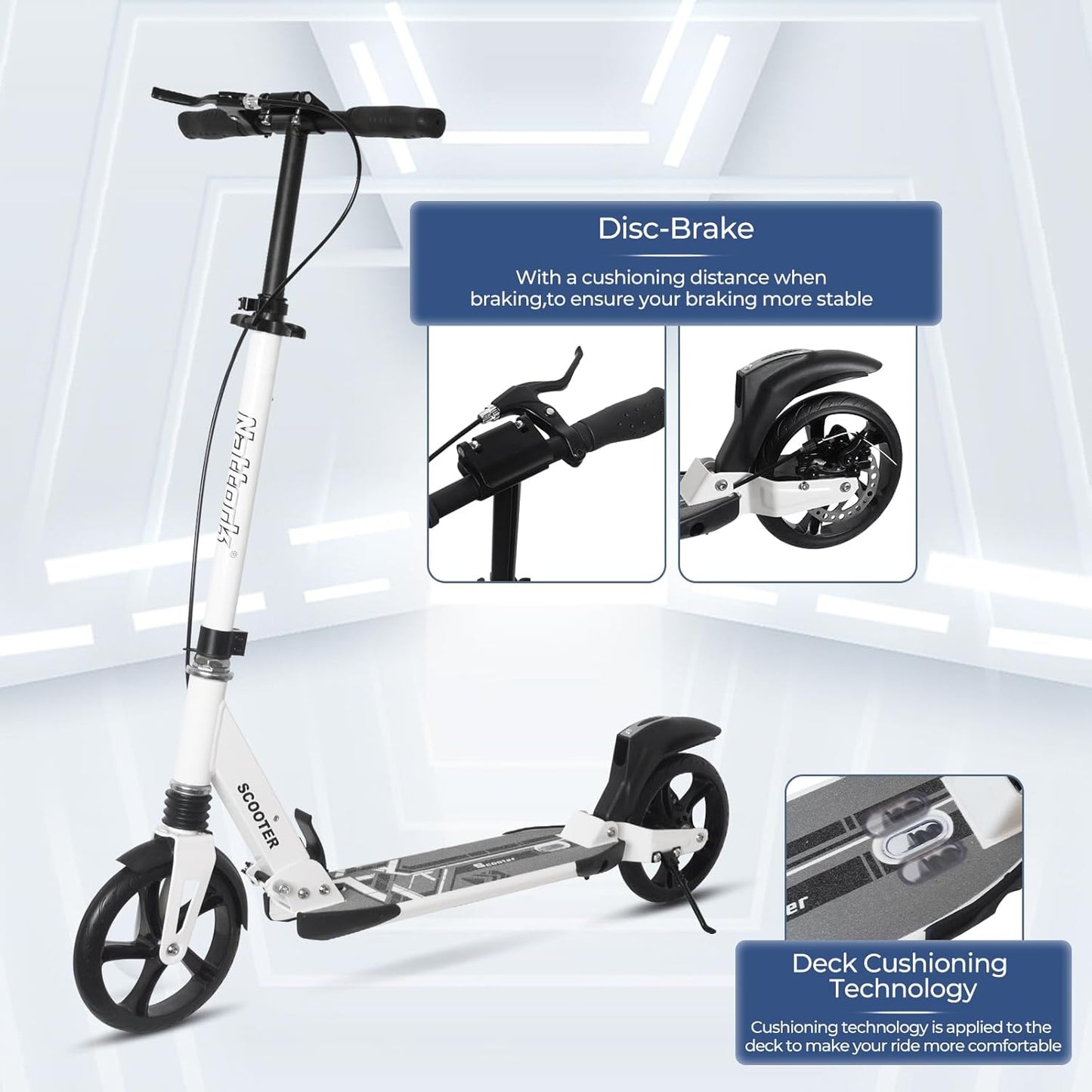 Dluxe Ave. Nattork Scooter for Adults and Teens- Adjustable Height Folding Kick Scooter with Large Sturdy Wheels for a Smooth RideWhite