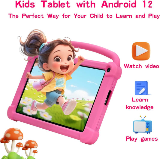 Dluxe Ave. 7 inch Kids Tablet Android 12 Tablet for Kids 4GB RAM+32GB ROM+1TB Expand Toddler Tablet with Shockproof Case Parental Contral 1024*600 IPS Screen 3000mAh Battery Educational Games Pink