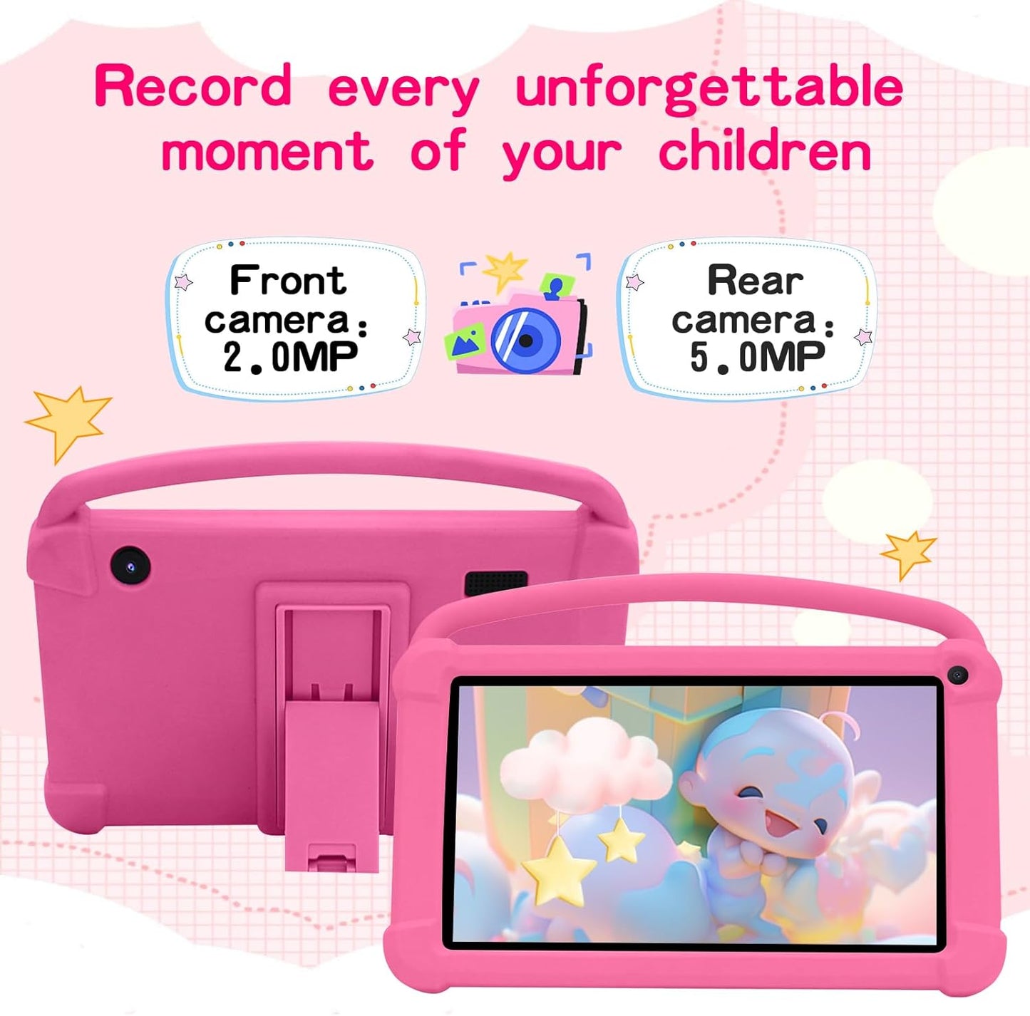Dluxe Ave. 7 inch Kids Tablet Android 12 Tablet for Kids 4GB RAM+32GB ROM+1TB Expand Toddler Tablet with Shockproof Case Parental Contral 1024*600 IPS Screen 3000mAh Battery Educational Games Pink