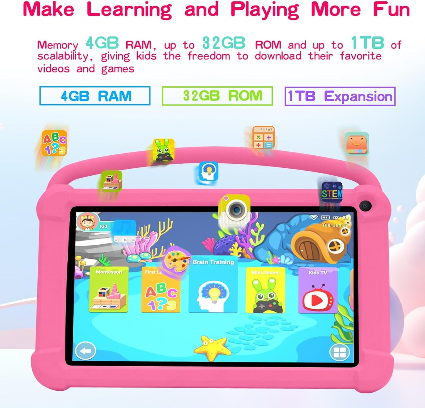Dluxe Ave. 7 inch Kids Tablet Android 12 Tablet for Kids 4GB RAM+32GB ROM+1TB Expand Toddler Tablet with Shockproof Case Parental Contral 1024*600 IPS Screen 3000mAh Battery Educational Games Pink