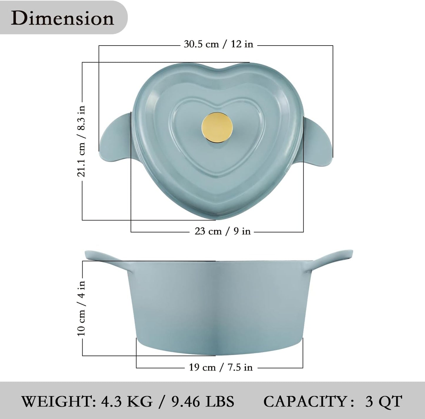 Dluxe Ave. Heart Shaped Dutch Oven 3 qt./Cast Iron with Lid Enameled (Light Blue)