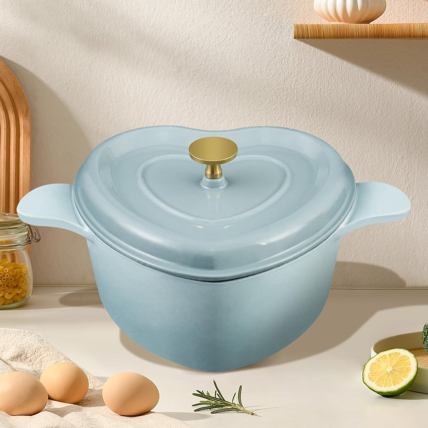 Dluxe Ave. Heart Shaped Dutch Oven 3 qt./Cast Iron with Lid Enameled (Light Blue)