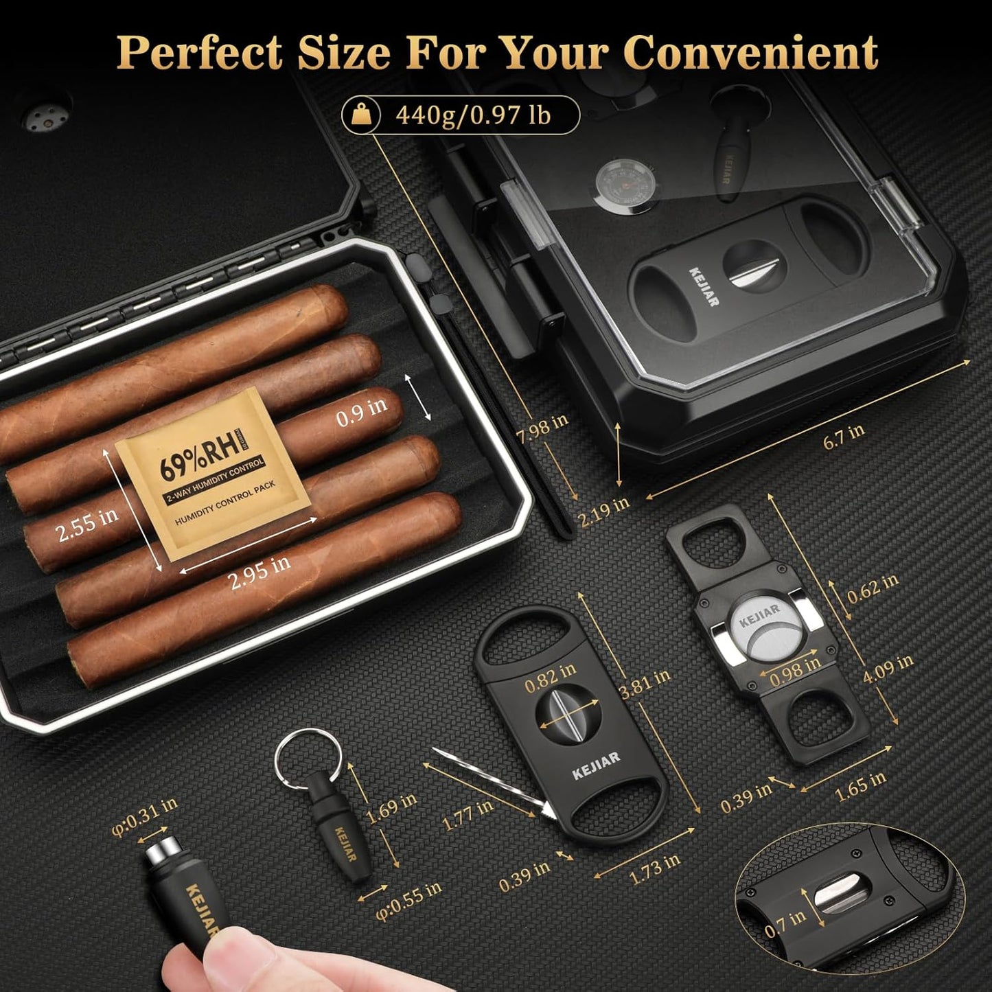 Dluxe Ave. Travel Cigar Humidor Case/ 3 in 1 Cutter/ V Cut 2 in 1