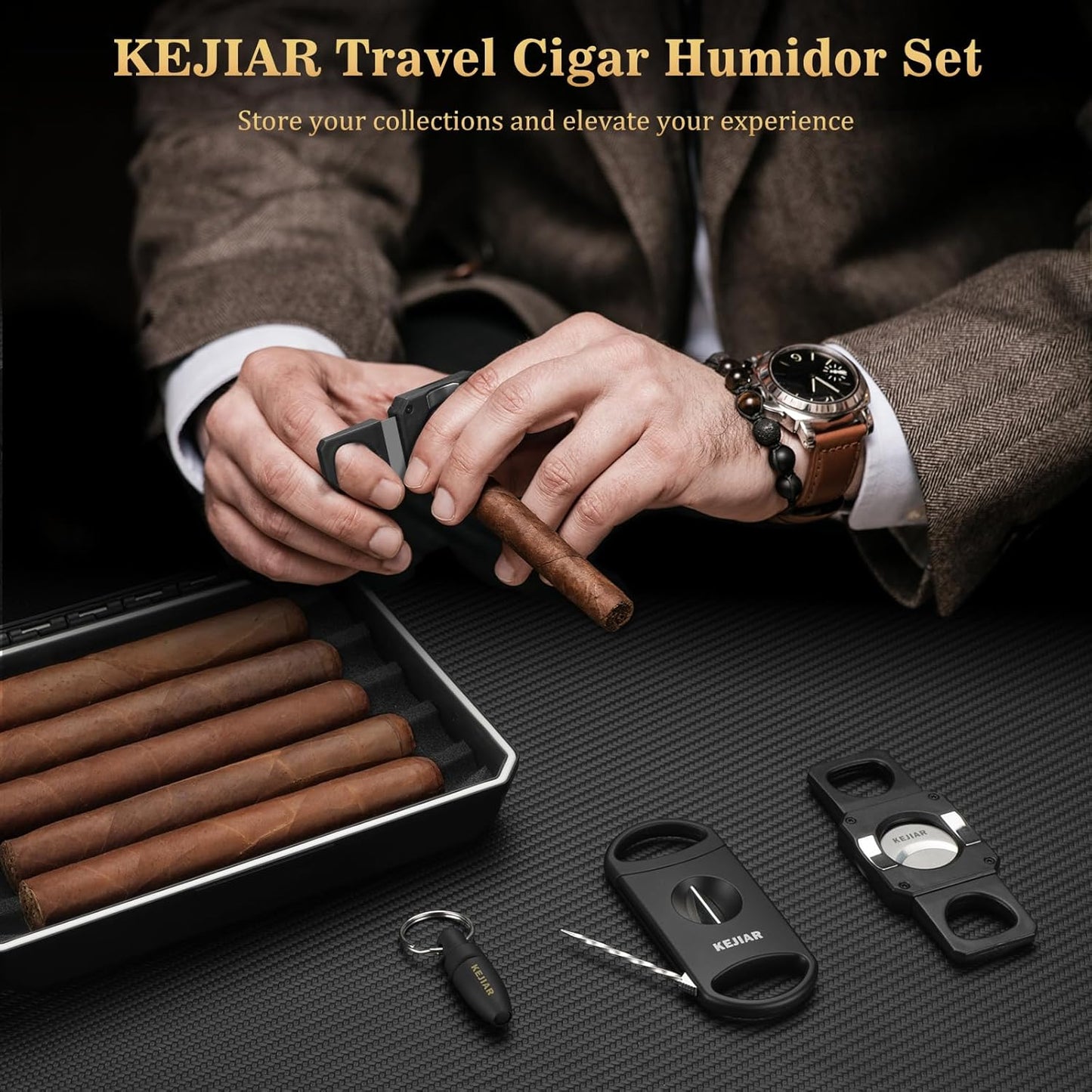 Dluxe Ave. Travel Cigar Humidor Case/ 3 in 1 Cutter/ V Cut 2 in 1