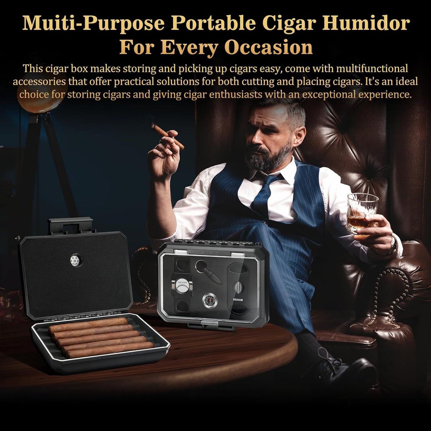 Dluxe Ave. Travel Cigar Humidor Case/ 3 in 1 Cutter/ V Cut 2 in 1