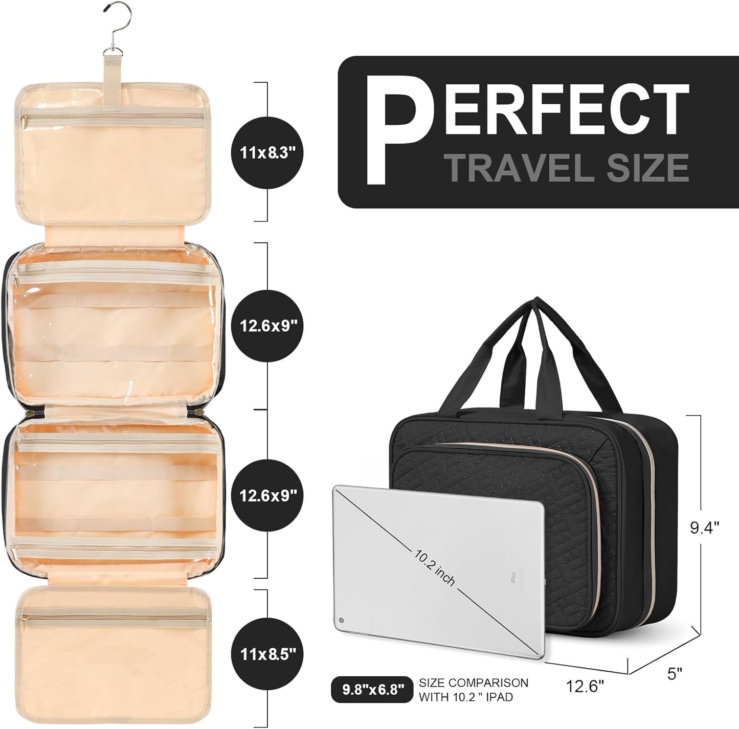 Dluxe Ave. Toiletry Bag with Hanging Hook/ Jewelry Organizer /（charcoal black）