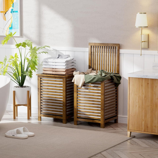 Dluxe Ave. SMIBUY Double Laundry Hamper with Lid 120L Bamboo Laundry Basket with Removable Liner Bag  (Walnut)
