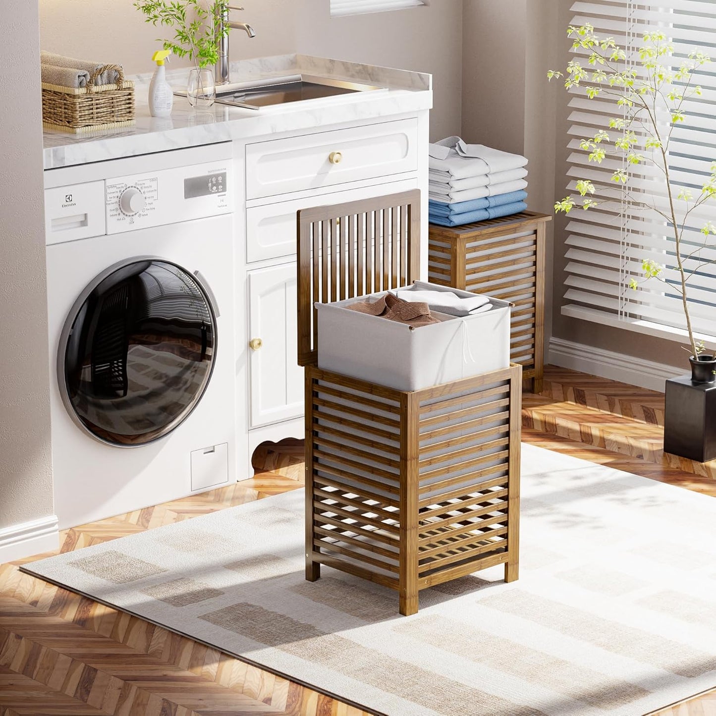 Dluxe Ave. SMIBUY Double Laundry Hamper with Lid 120L Bamboo Laundry Basket with Removable Liner Bag  (Walnut)