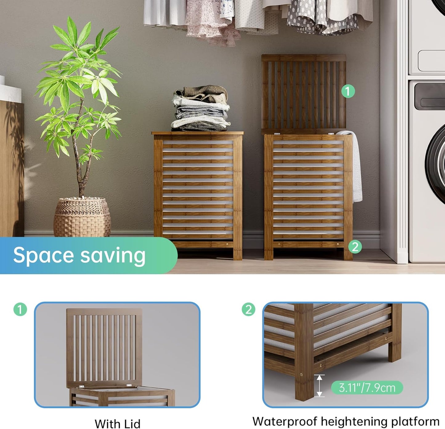 Dluxe Ave. SMIBUY Double Laundry Hamper with Lid 120L Bamboo Laundry Basket with Removable Liner Bag  (Walnut)