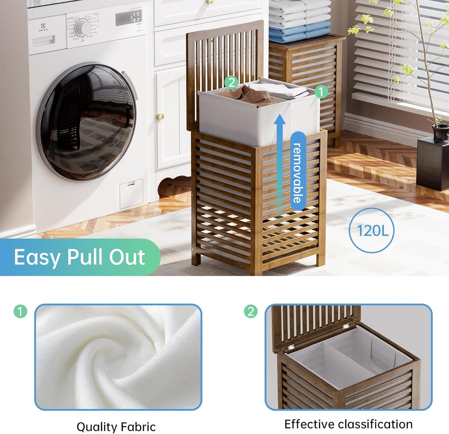 Dluxe Ave. SMIBUY Double Laundry Hamper with Lid 120L Bamboo Laundry Basket with Removable Liner Bag  (Walnut)