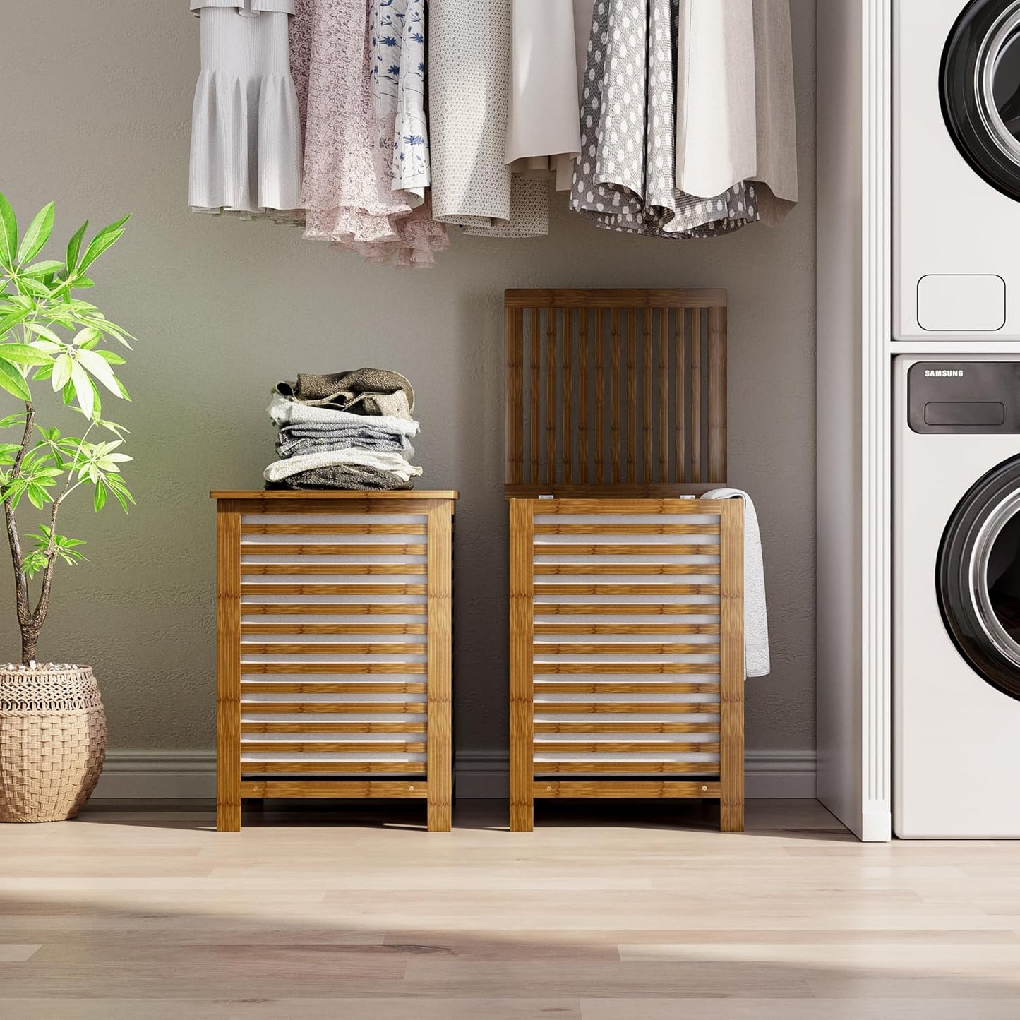 Dluxe Ave. SMIBUY Double Laundry Hamper with Lid 120L Bamboo Laundry Basket with Removable Liner Bag  (Walnut)