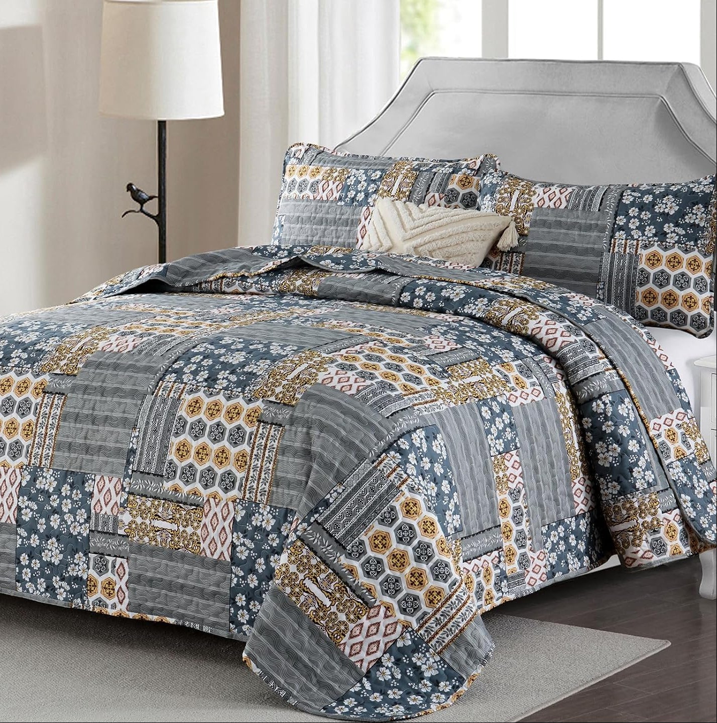 Dluxe Ave. (KING) Dark Grey Quilt Set 3 Pieces/ Plaid Floral/ for All Season, 110"x90"