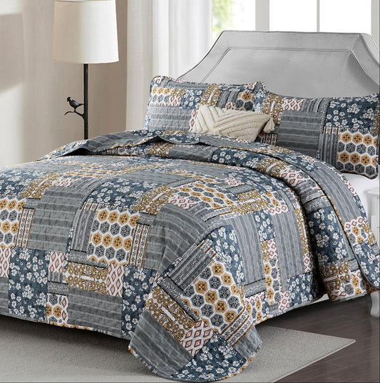 Dluxe Ave. (KING) Dark Grey Quilt Set 3 Pieces Plaid Floral Bedspread Set for All Season, 110"x90"