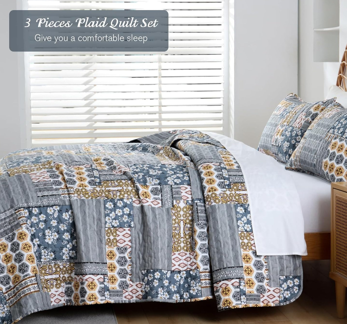 Dluxe Ave. (KING) Dark Grey Quilt Set 3 Pieces/ Plaid Floral/ for All Season, 110"x90"