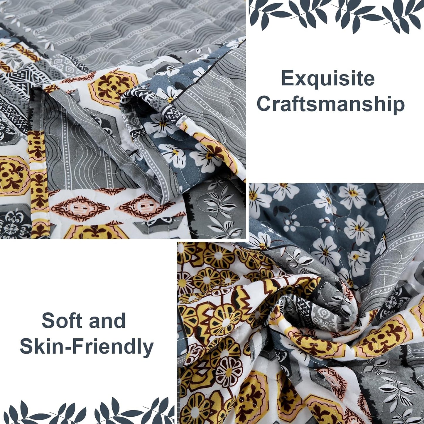 Dluxe Ave. (KING) Dark Grey Quilt Set 3 Pieces/ Plaid Floral/ for All Season, 110"x90"