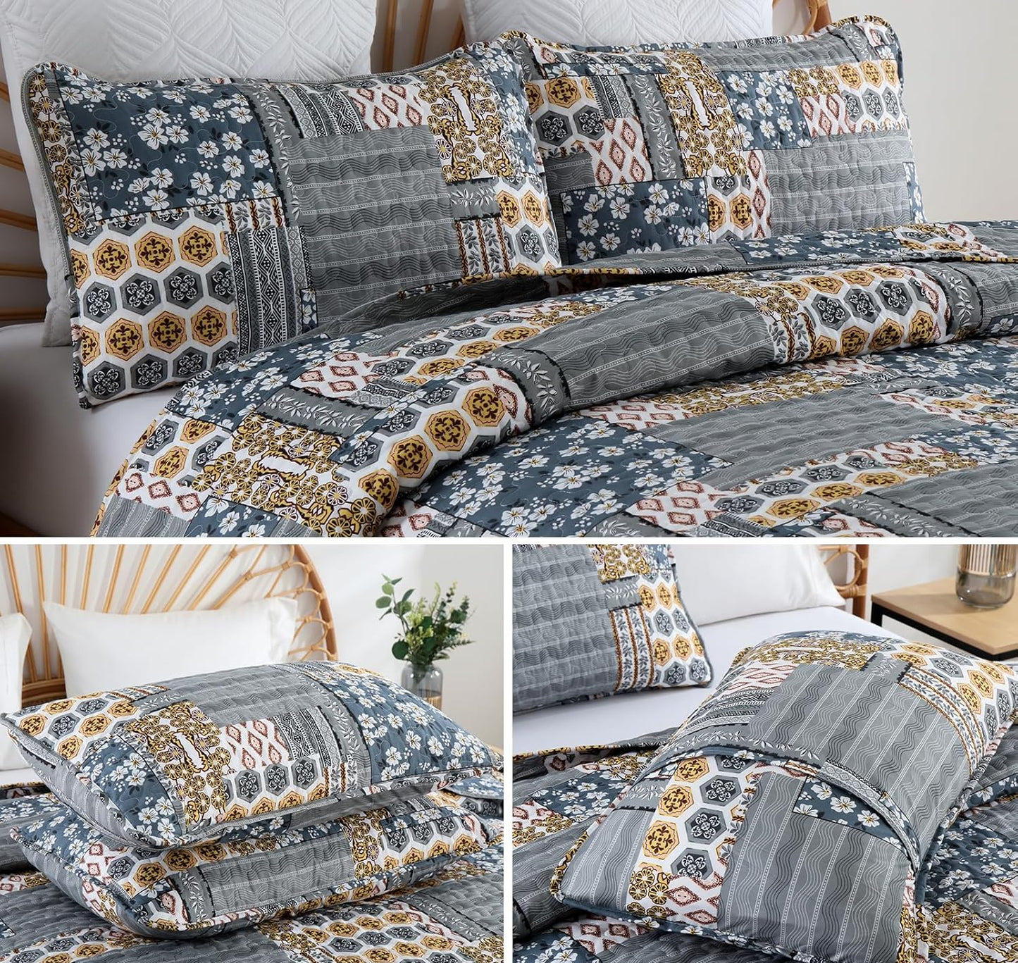 Dluxe Ave. (KING) Dark Grey Quilt Set 3 Pieces/ Plaid Floral/ for All Season, 110"x90"