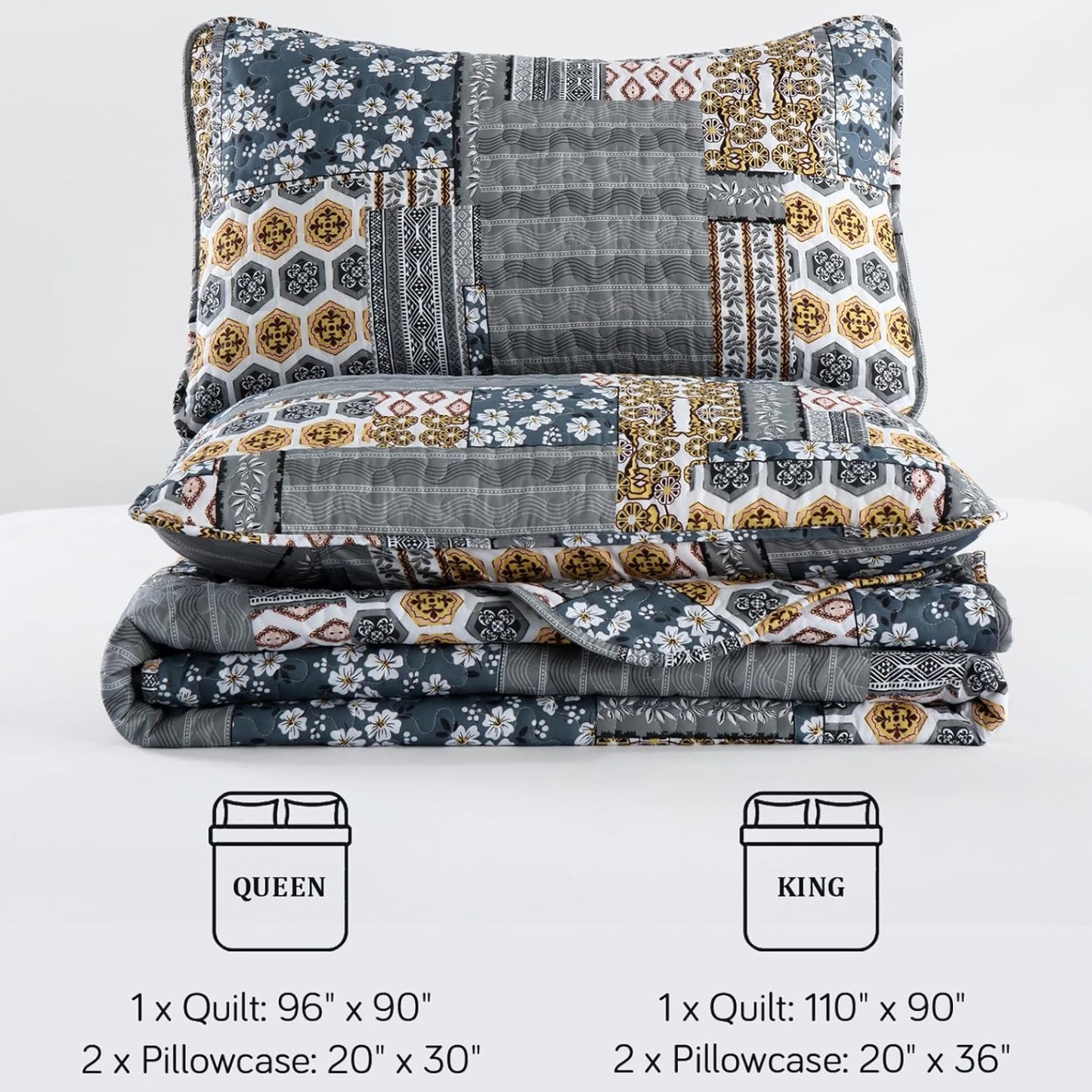 Dluxe Ave. (KING) Dark Grey Quilt Set 3 Pieces/ Plaid Floral/ for All Season, 110"x90"
