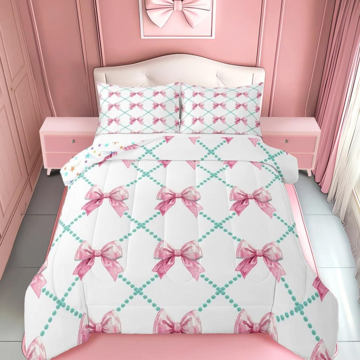 Dluxe Ave. ( TWIN ) 2 Pcs Comforter and Bedding Set/ Pink Bows