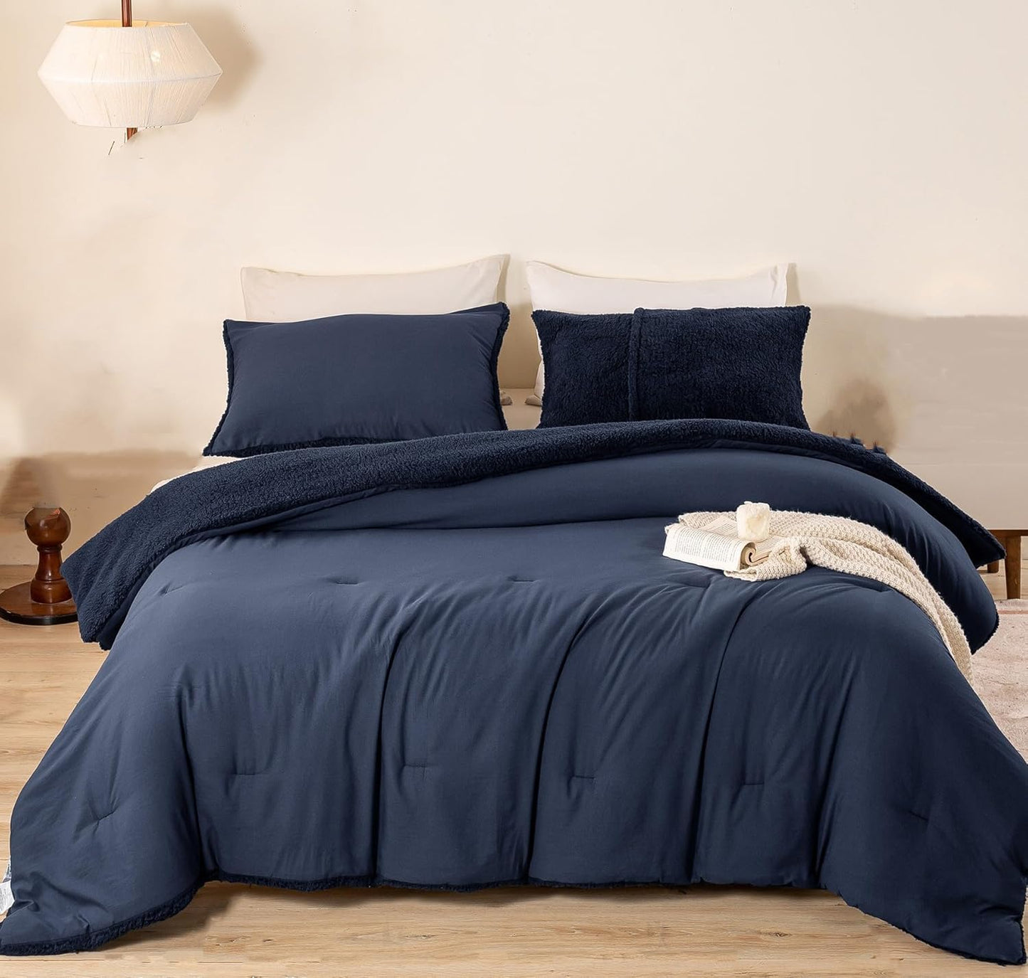 Dluxe Ave. ( FULL/QUEEN ) 3 Pcs Fluffy Sherpa Warm Bed Comforter Set/ Reversible Ultra-Soft Fleece Down/ Dark Navy Blue