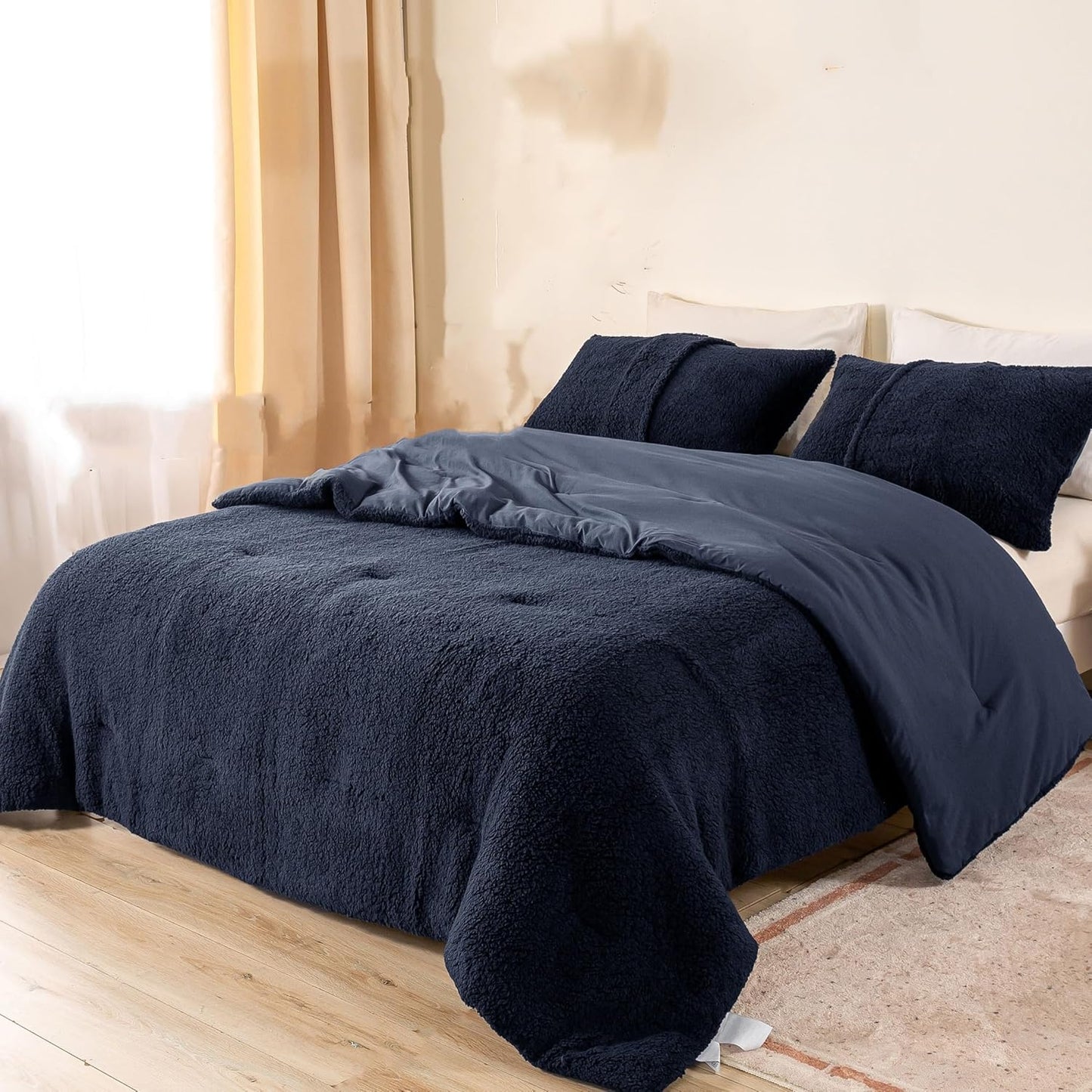 Dluxe Ave. ( FULL/QUEEN ) 3 Pcs Fluffy Sherpa Warm Bed Comforter Set/ Reversible Ultra-Soft Fleece Down/ Dark Navy Blue