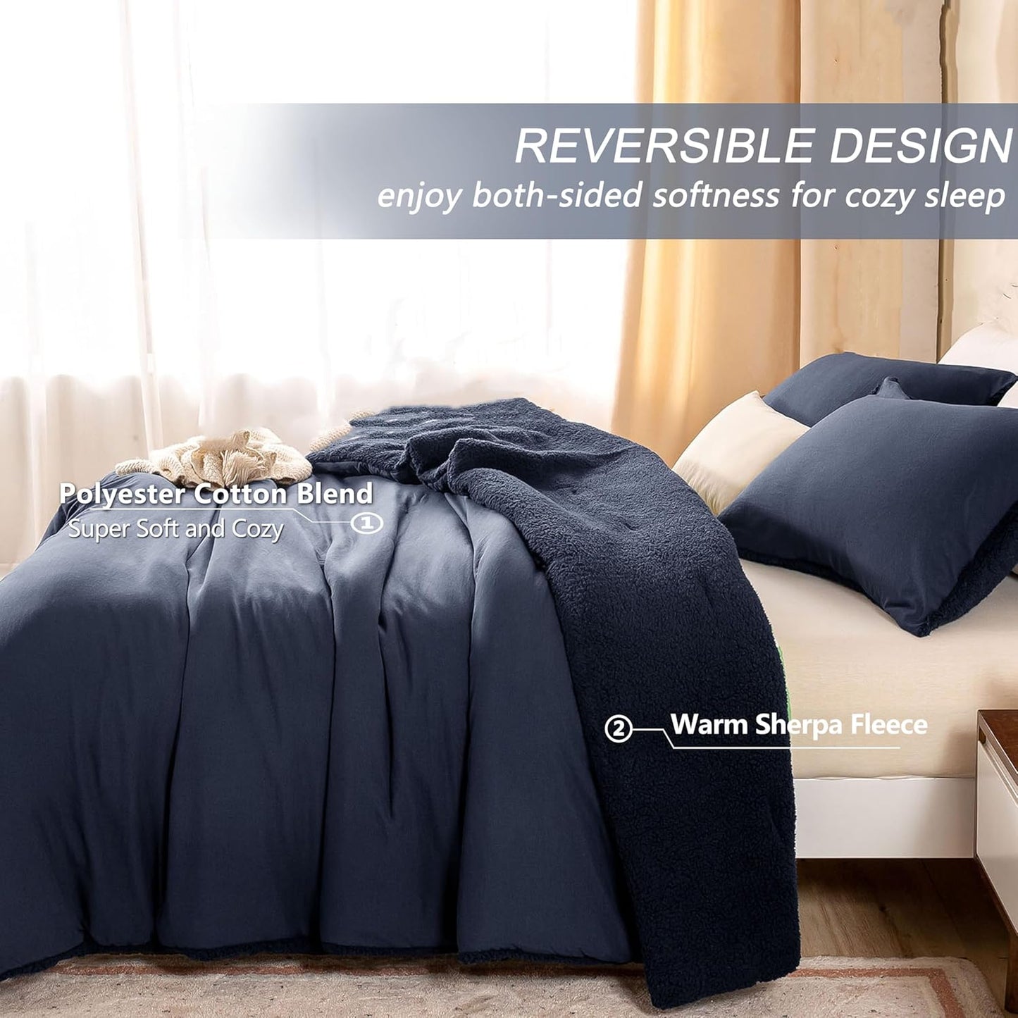 Dluxe Ave. ( FULL/QUEEN ) 3 Pcs Fluffy Sherpa Warm Bed Comforter Set/ Reversible Ultra-Soft Fleece Down/ Dark Navy Blue