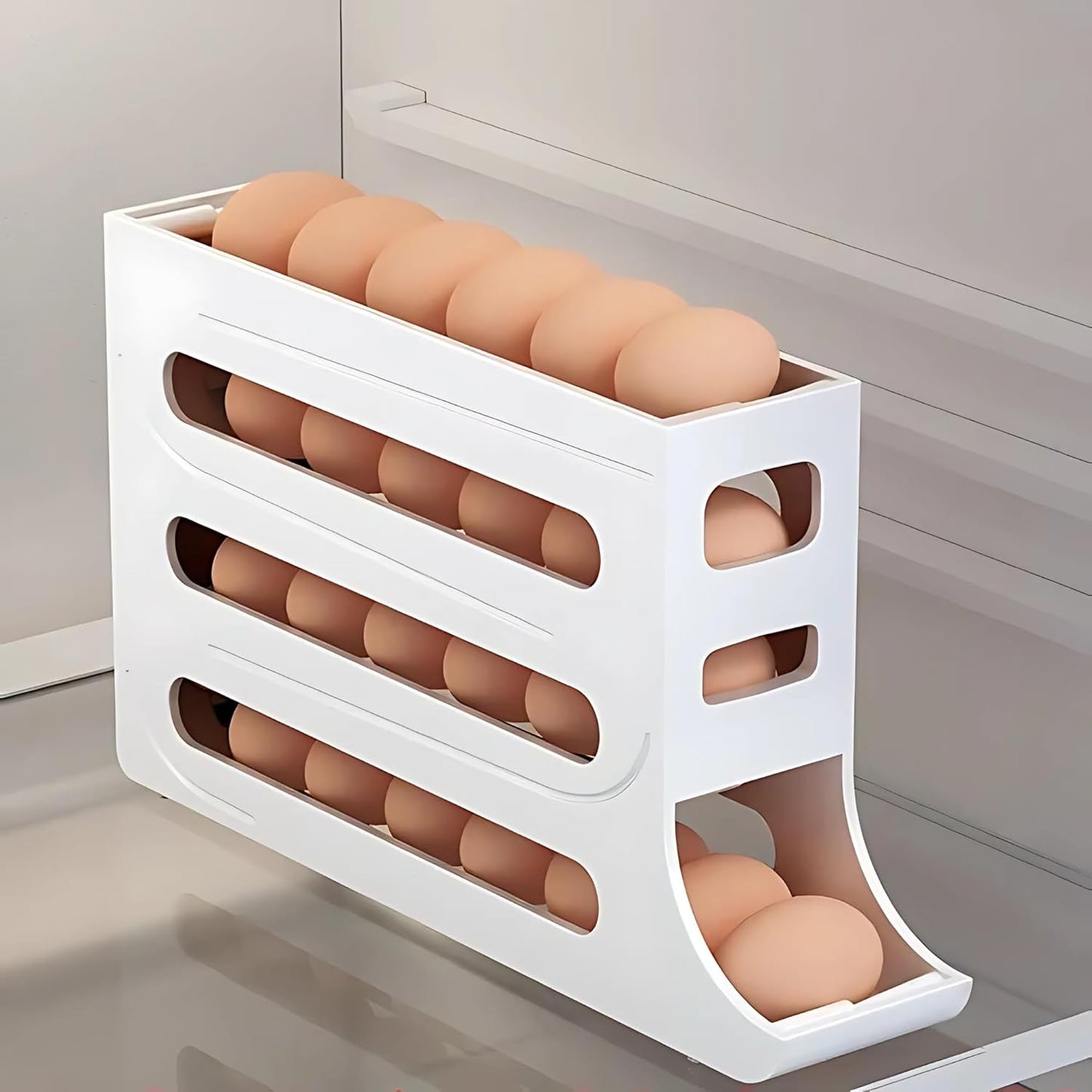 Dluxe Ave. 4 Tiers Egg Holder for Fridge/Scrolling Egg Rack Dispenser (White)
