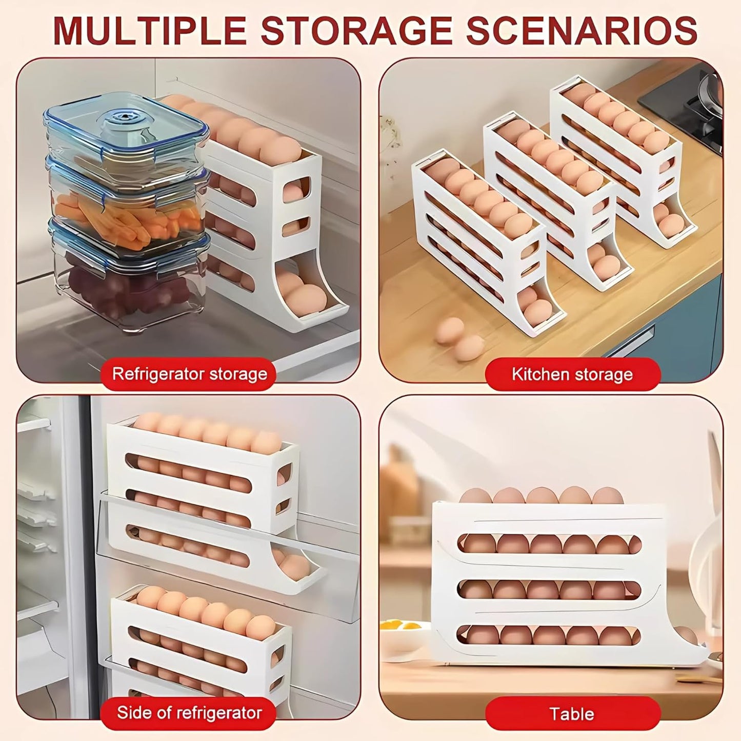 Dluxe Ave. 4 Tiers Egg Holder for Fridge/Scrolling Egg Rack Dispenser (White)