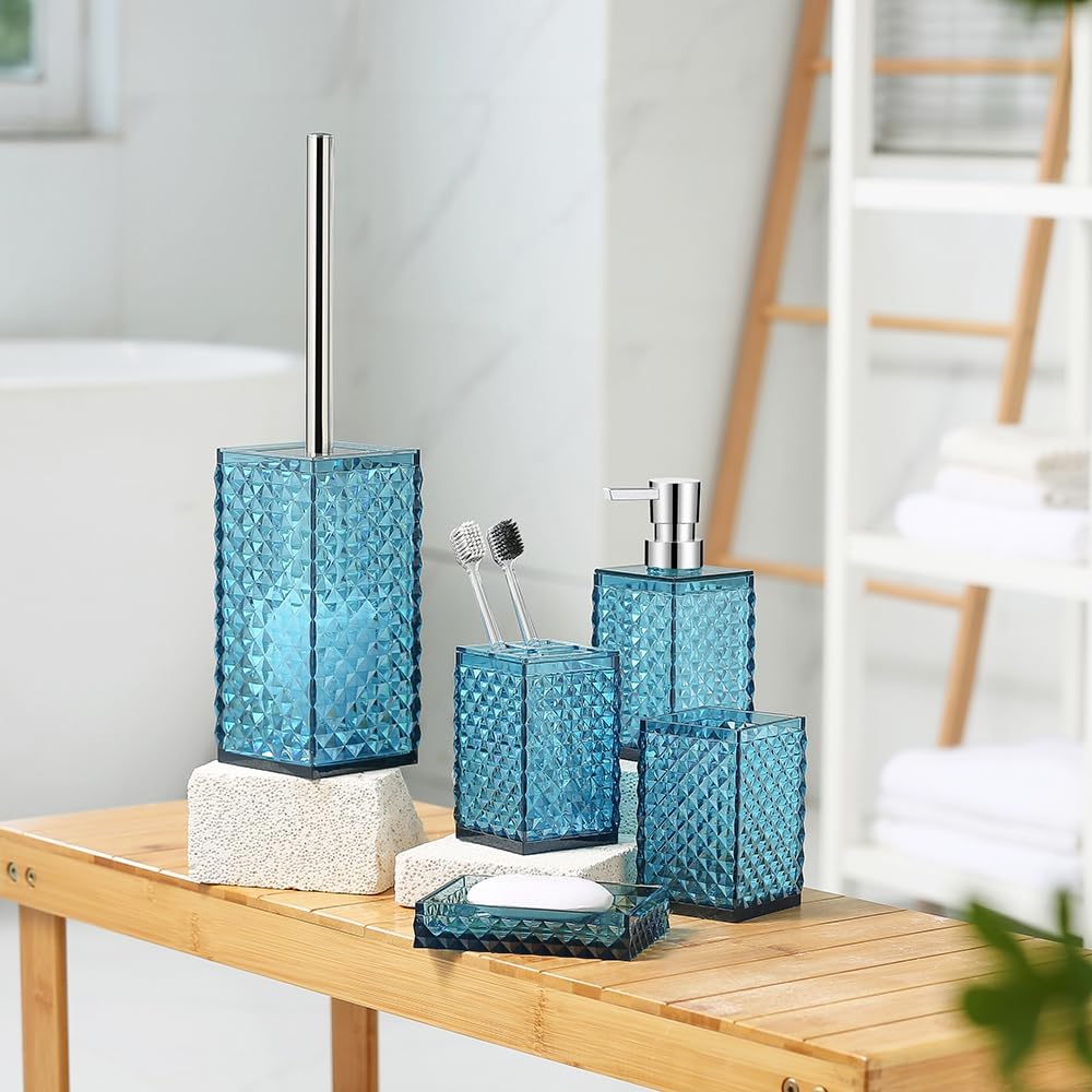 Dluxe Ave. YAUKPH Acrylic 5-Piece Bathroom Accessory Set - Includes Soap Dispenser Toothbrush Holder Cup Soap Dish and Toilet Brushfor Elegant Bathroom Decor (Blue)