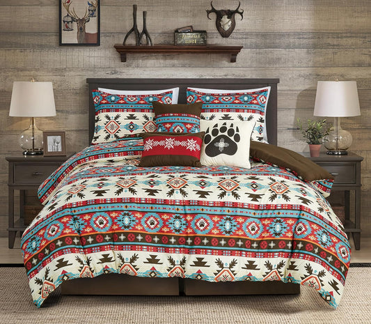 Dluxe Ave. (QUEEN) 7-Piece Motif Comforter Set - Multicolor Red Brown Blue Cream