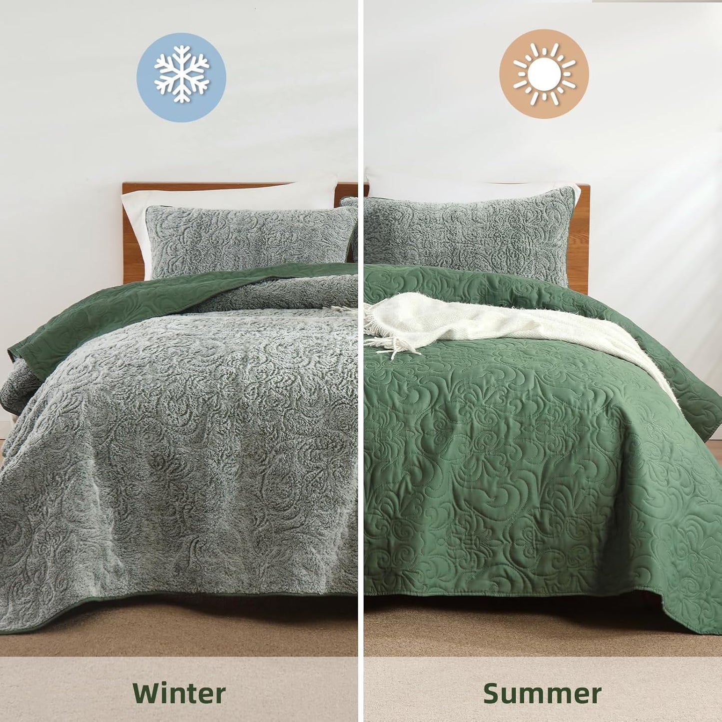 Dluxe Ave. ( KING ) 3 Pcs Quilt Bedding Set, Fluffy Plush Bedspread, Ultra Soft, Luxury Velvet for All Season/ Green