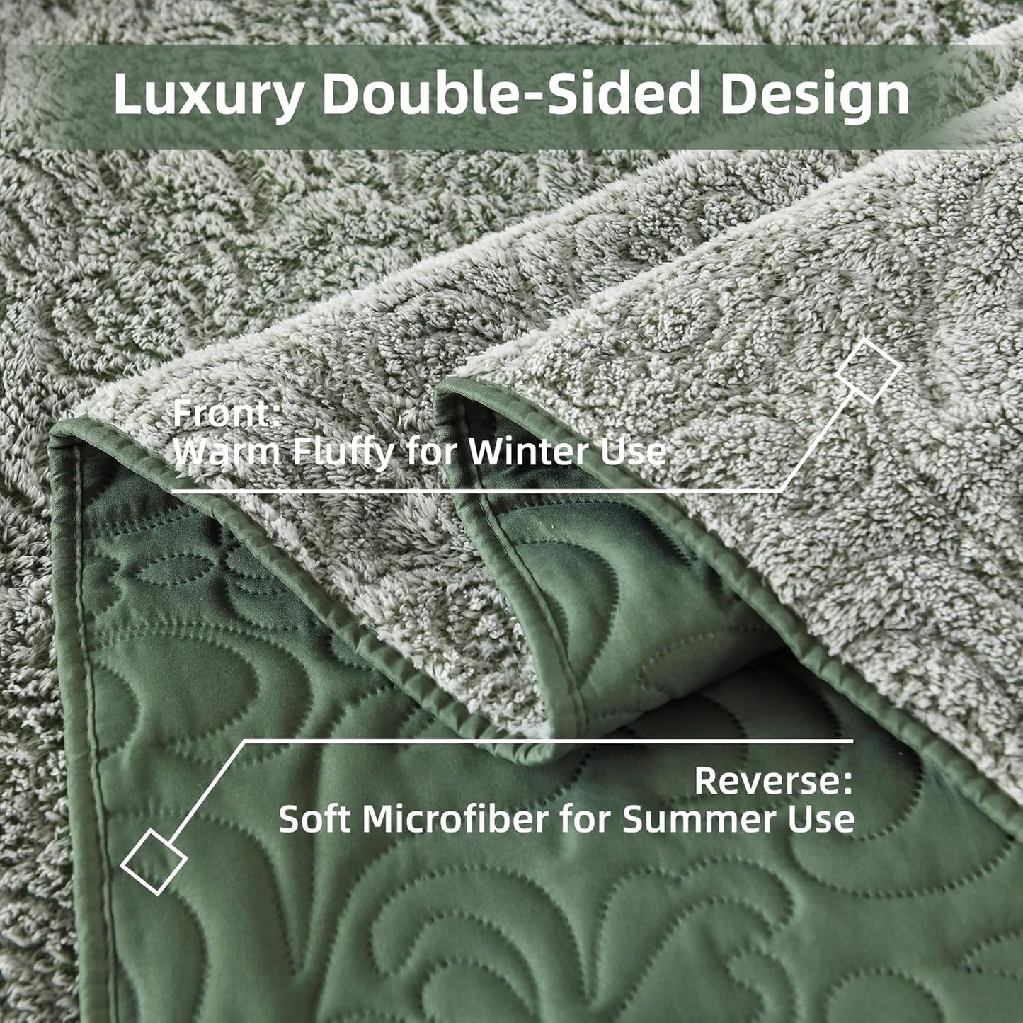 Dluxe Ave. ( KING ) 3 Pcs Quilt Bedding Set, Fluffy Plush Bedspread, Ultra Soft, Luxury Velvet for All Season/ Green