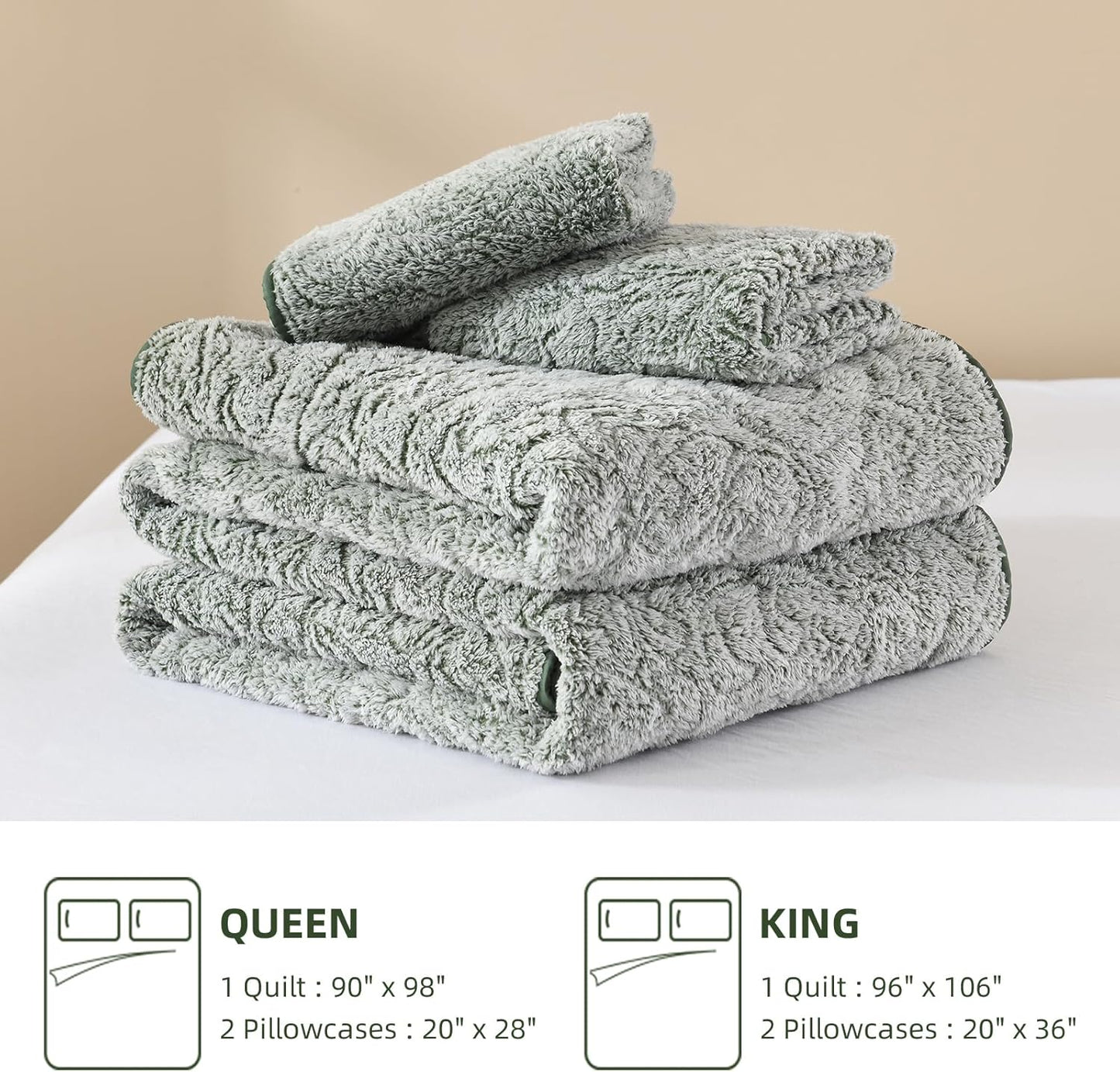 Dluxe Ave. ( KING ) 3 Pcs Quilt Bedding Set, Fluffy Plush Bedspread, Ultra Soft, Luxury Velvet for All Season/ Green