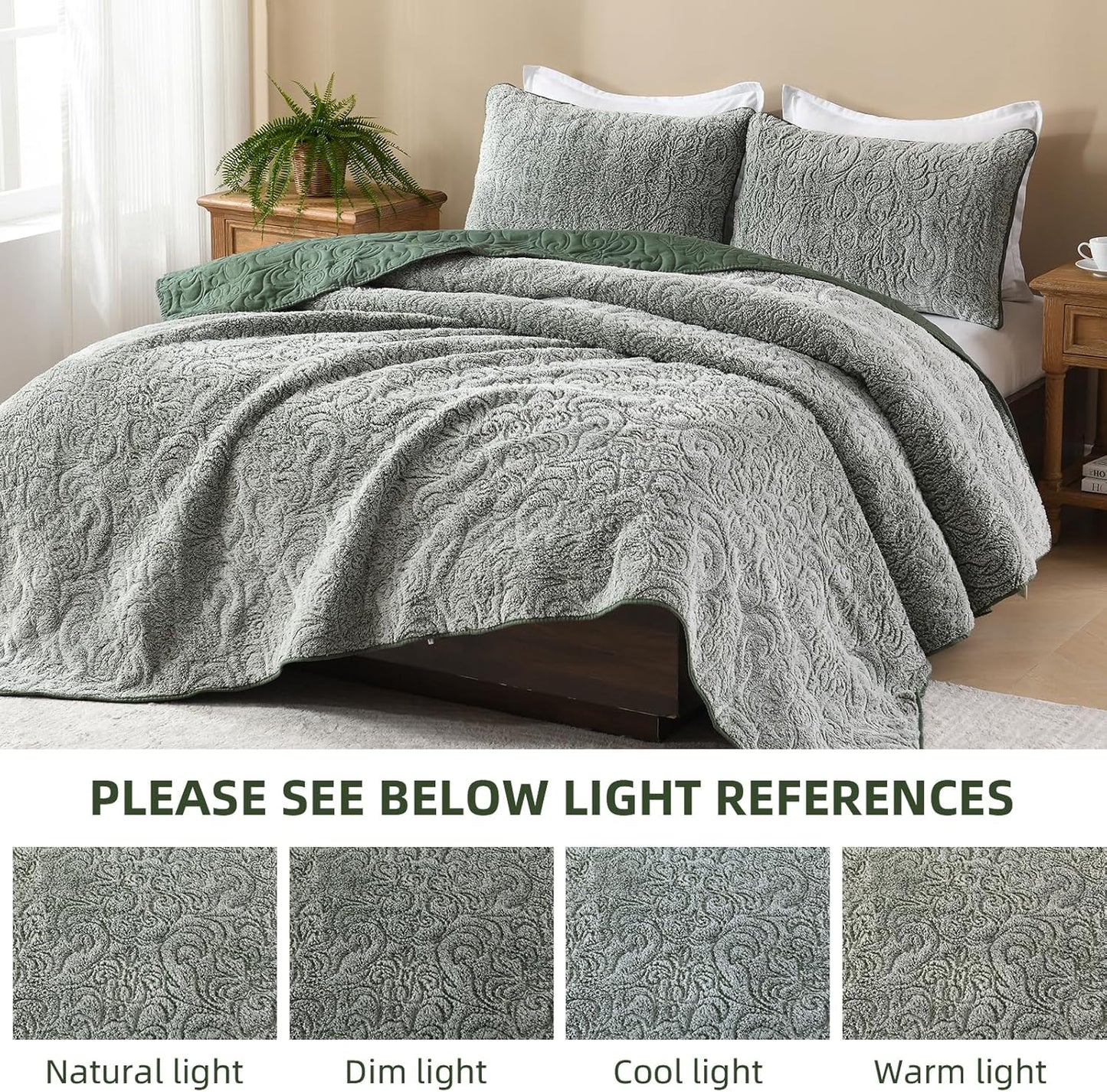 Dluxe Ave. ( KING ) 3 Pcs Quilt Bedding Set, Fluffy Plush Bedspread, Ultra Soft, Luxury Velvet for All Season/ Green
