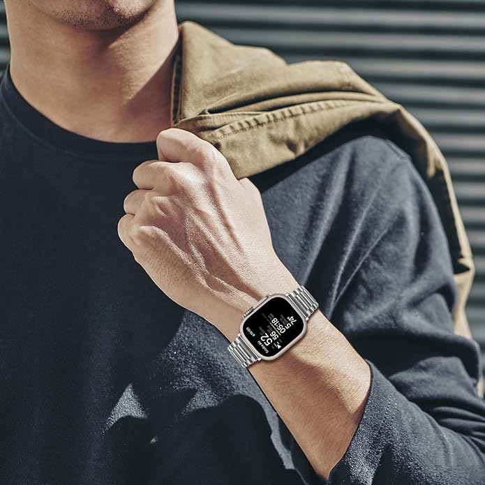 Dluxe Ave. Juntan Business Band Compatible with Apple Watch Bands for Men Women 44mm 45mm 49mm 42mm Silver Stainless Steel Removable Strap for iWatch Bands Series 9 8 7 6 5 4 3 2 SE Ultra